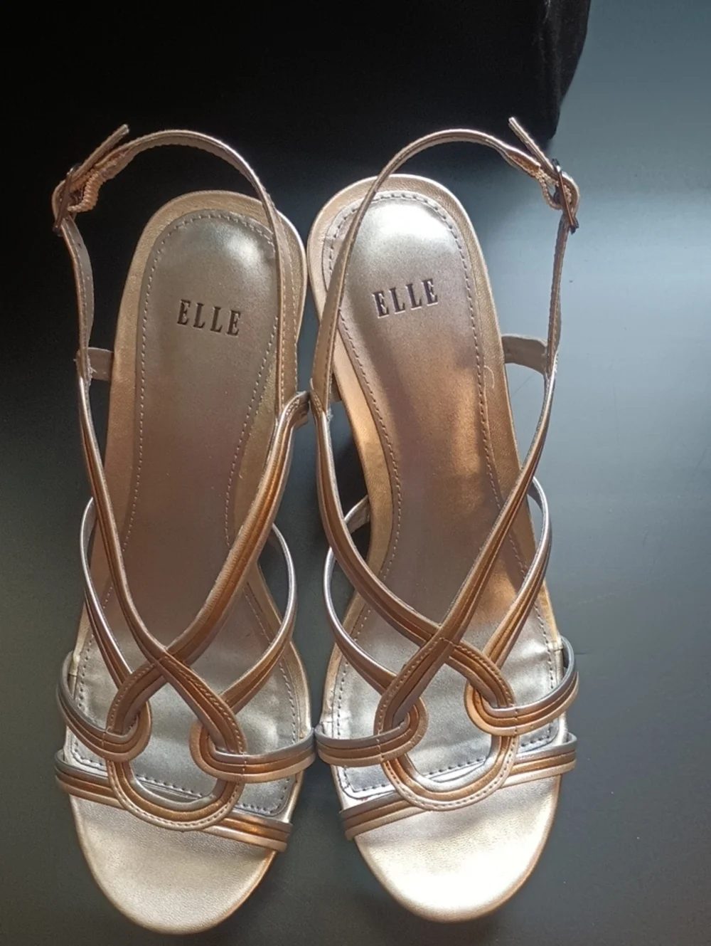 ELLE Metallic Rose Gold Strappy Wedge Sandals Woman's Size 7 Special Occasion
